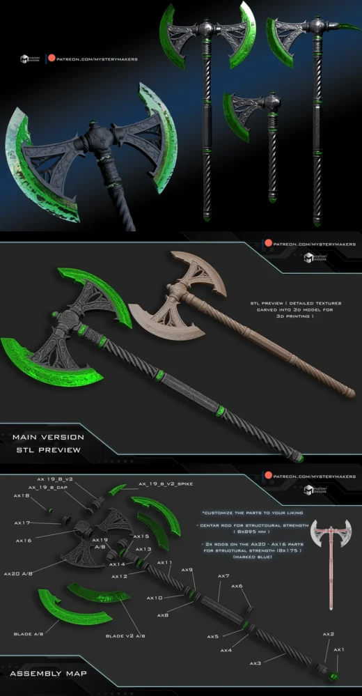Daedric Glass Axe – Fantasy Weapon STL Model for 3D Printing (Miniature/Massive)