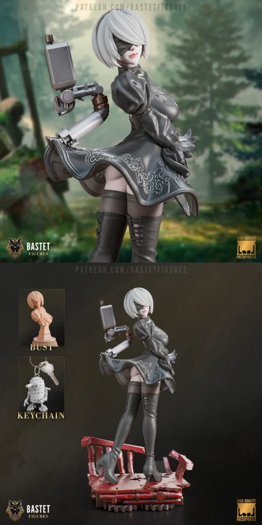 2B (YoRHa No.2) NieR: Automata 3D Printable STL Files for Bust and Keychain