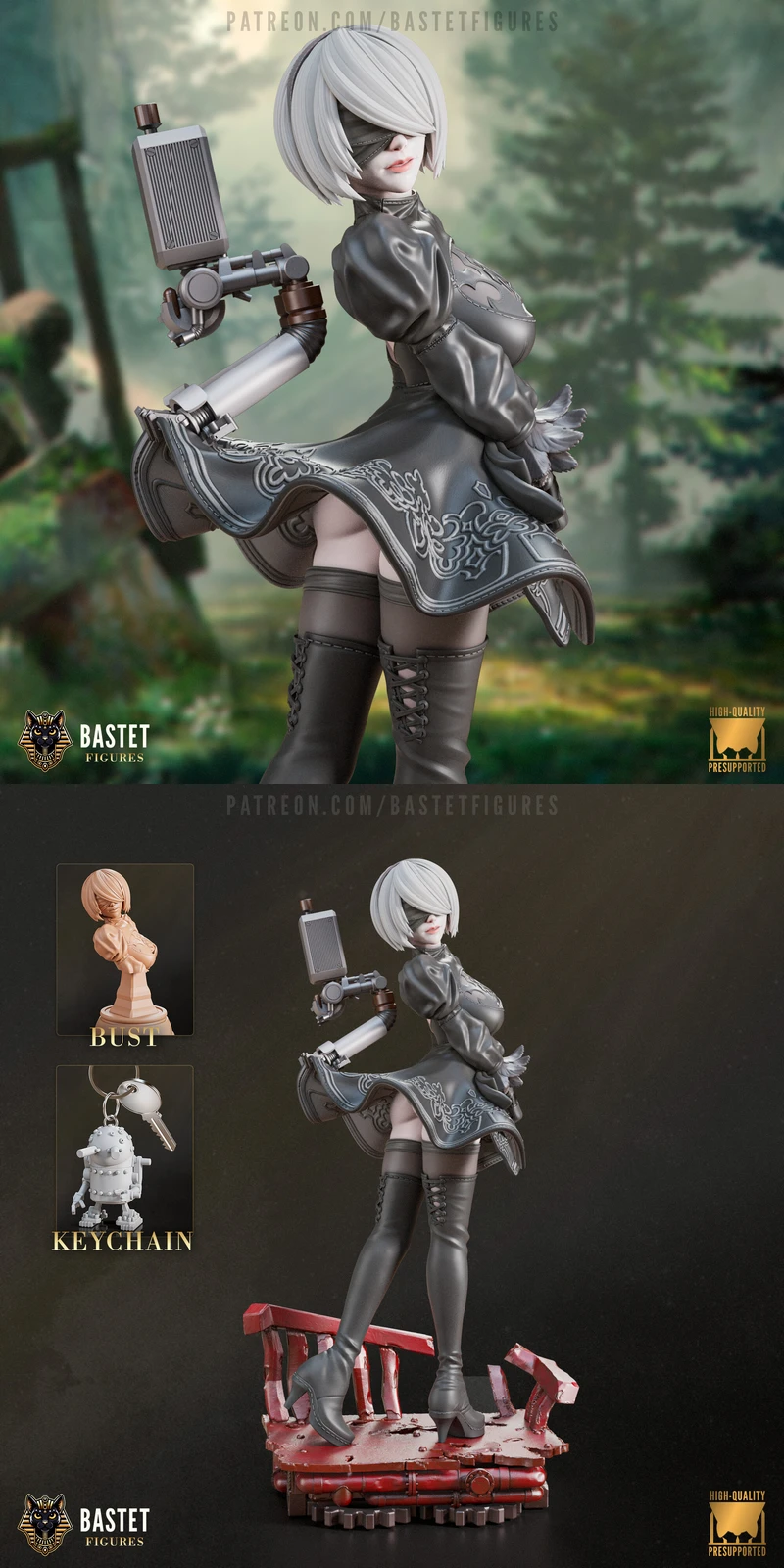 2B (YoRHa No.2) NieR: Automata 3D Printable STL Files for Bust and Keychain
